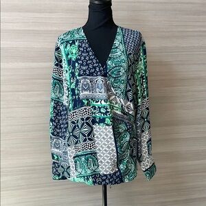 LOFT Wrap Patchwork, Navy Green Floral Paisley Top Long Sleeve - Large